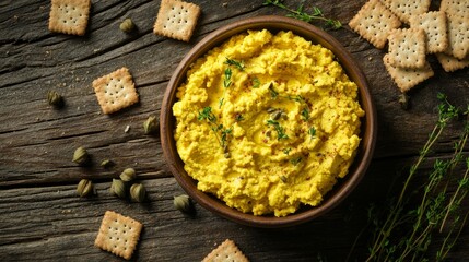 Vibrant bowl of yellow hummus surrounded by whole wheat crackers on rustic wooden table