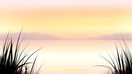 Serene Sunset Over Calm Water with Silhouetted Grasses