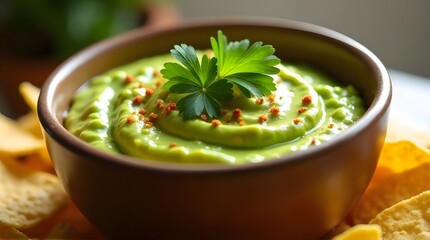 Creamy Avocado Guacamole Dip Garnish Parsley Tortilla Chips