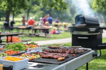 Community barbecue event in city park featuring large grills delicious food and fun atmosphere captured from a vibrant outdoor perspective for summer gatherings