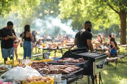 Exciting city park barbecue gathering with large grills outdoor dining summer vibes lively atmosphere community fun