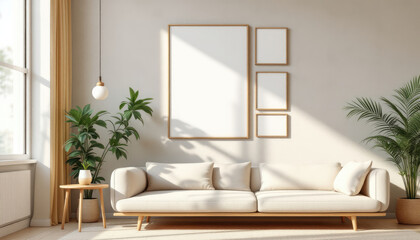 Fototapeta premium a large window with a white curtain, a white sofa with two pillows, a wooden side table, and three framed pictures on the wall. Cozy modern living room with photo frame design