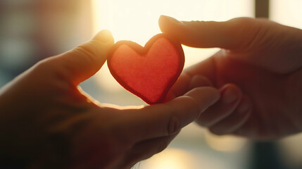 Two hands gently exchange a sparkling red heart, symbolizing love and connection against a bright, warm background.