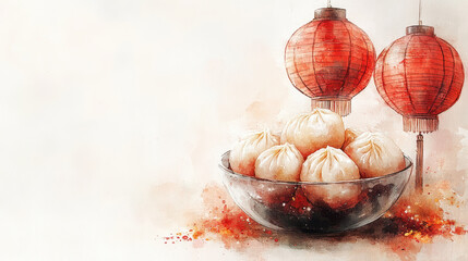 Fototapeta premium A watercolor illustration of a transparent glass bowl filled with dumplings with a lantern in Chinese New Year