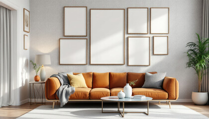 a large orange couch with a gray throw blanket, a glass coffee table, and a white lamp. Cozy modern living room with photo frame design