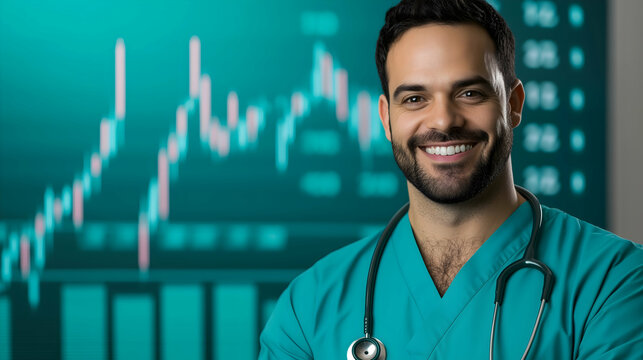 A smiling healthcare professional in scrubs stands confidently in front of a digital display showcasing financial data and trends.