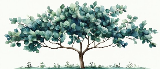 Lush Green Tree with Watercolor Leaves and Vibrant Natural Beauty