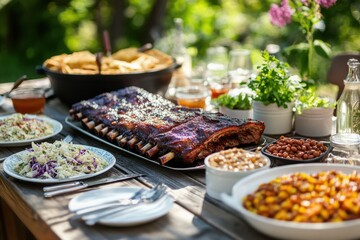 Delicious barbecue feast with ribs and salads at a cozy picnic table in a lush garden setting perfect for outdoor gatherings and family reunions