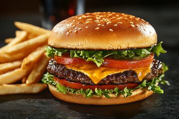 Close-up of a cheeseburger with lettuce, tomato and a side of fries