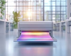 Modern Printer Printing Iridescent Paper in Office Setting
