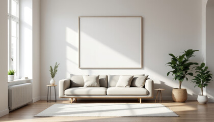 a large white couch with two pillows, a white rug, and a large blank picture frame on the wall above it. Cozy modern living room with photo frame design