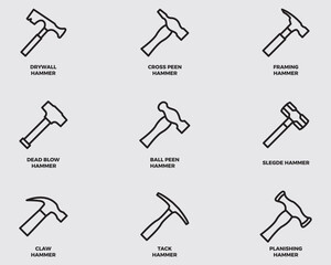 type of hammer tools outline icons.any of various hammers symbol thin line vector isolated on background