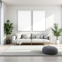 a white sofa with gray throw pillows, a gray rug, and two large white picture frames on the wall above the sofa. Cozy modern living room with photo frame design
