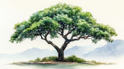 Fototapeta premium Majestic Lone Tree Overlooking Peaceful Landscape in Soft Light