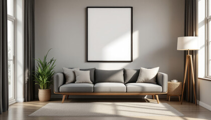 a gray sofa with three pillows, a large picture frame on the wall, a floor lamp, and a potted plant. Cozy modern living room with photo frame design
