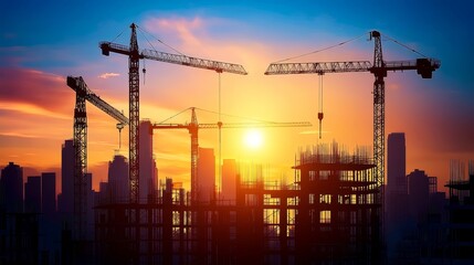 Silhouette of cranes and incomplete structures against a vibrant sunset sky in twilight scene