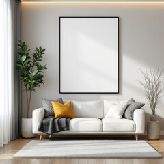 a white couch with throw pillows, a large blank picture frame, and a potted plant. Cozy modern living room with photo frame design