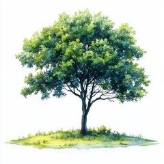 Fototapeta premium Lush Green Tree Standing Alone on Gentle Hill with Bright Sky