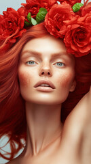 Naklejka premium Elegant Young Caucasian Female with Red Hair Adorned by Red Roses