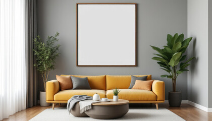 Modern living room with gold sofa and big blank picture frame on the wall surrounded by two potted plants and coffee table. Photo frame design