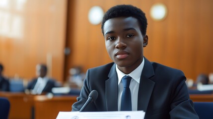A high school student practicing their speech on the importance of the International Criminal Court for a global competition