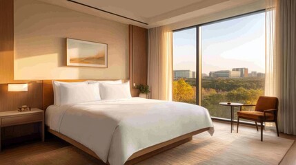 Luxurious Hotel Room with City View and Sunset