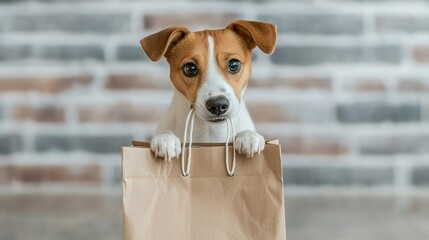 Dog playfully poking its nose into a shopping bag, curious about its contents