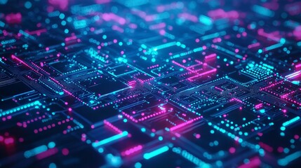 Obraz premium Abstract Futuristic Circuit Board Technology Background with Neon Pink and Blue Glowing Lines