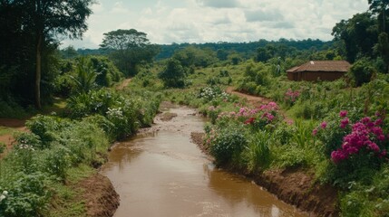 Serene Village Stream Rural African Landscape