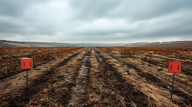 A field marked with signs indicating the presence of unexploded landmines before the treaty is implementation