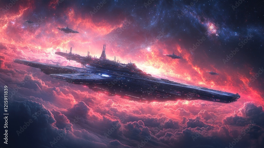 Poster futuristic spaceship above red nebula clouds.