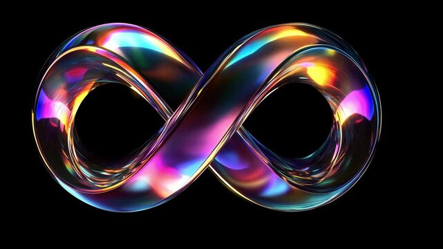 Iridescent metallic shiny 3d infinity symbol fluctuating against a black background.