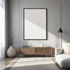 a gray wall with a large blank picture frame, a wooden cabinet with a vase of branches, a white sofa, and a striped rug. Cozy modern living room with photo frame design