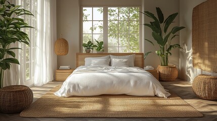 Bright and Airy Bedroom with Natural Elements Featuring a Large Bed, Indoor Plants, and Beautiful Natural Light Streaming Through Windows