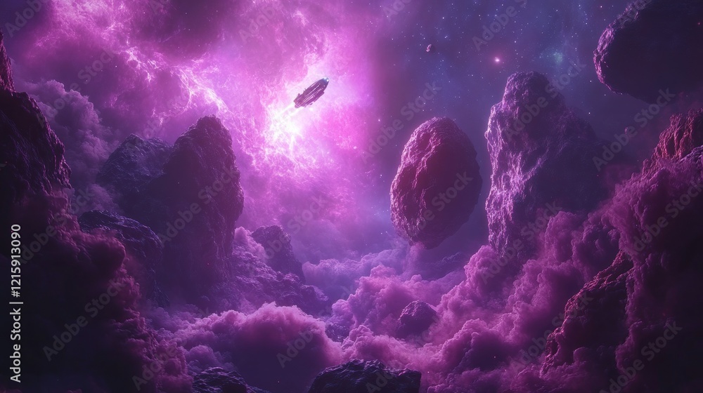 Wall mural purple nebula with asteroids and spaceship.