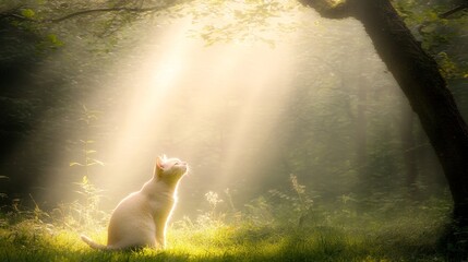 Serene White Cat in Sunlit Forest Clearing