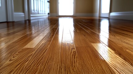 Shiny hallway wood floor with bright doorway in background, ideal for home improvement ads