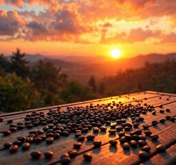 Obraz premium Warm coffee beans scattered on a wooden table with a vibrant sunset in the background, colorful sunset, evening scene