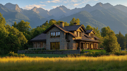 Fototapeta premium Mountain House Retreat: Peaceful Living in Nature's Embrace
