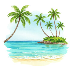 Fototapeta premium Serene Tropical Beach Watercolor Painting Palm Trees Ocean sea sky art sand blue calm green coast 