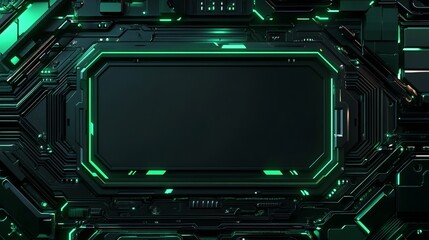 Fototapeta premium Glowing green circuit board frame elegantly displays dark space. AI Generated