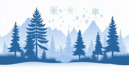 Serene Winter Mountain Landscape with Snowflakes and Pine Trees