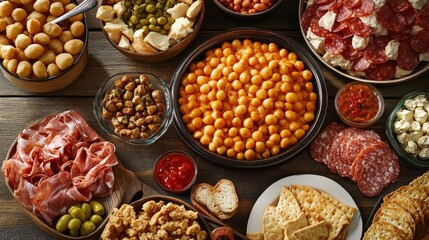 Assorted continental food and snacks buffet close up