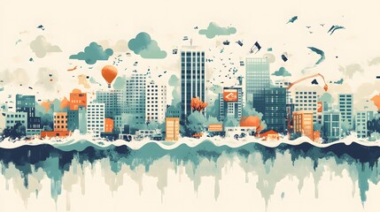 Fototapeta premium A flat illustration background for Disaster Day depicting a cityscape with natural disaster elements like floods, earthquakes, and storm clouds, balanced with hope symbols such as rescue teams and rel