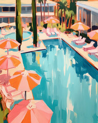 contemporary above view painting of a retro style Palm Springs resort with umbrellas, chairs, pool, and palm trees using muted pastel colors