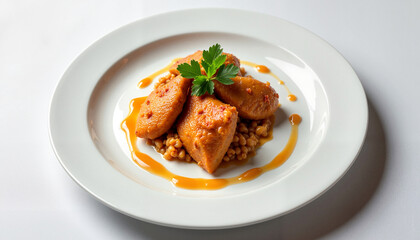 Fototapeta premium Yassa Chicken Plated with a Rich Sauce and Fresh Parsley Garnish