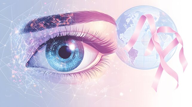 A flat illustration design for World Glaucoma Week background showing interconnected elements such as a human eye, a globe, and awareness ribbons, in pastel shades - Powered by Adobe