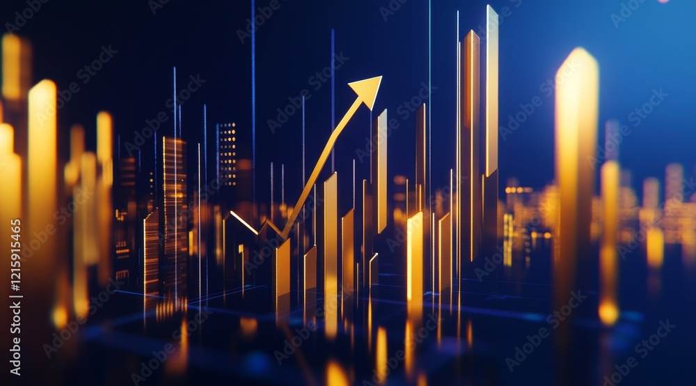 Poster golden cityscape graph showing upward trend.