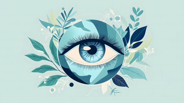 Flat illustration background for World Glaucoma Week depicting a stylized globe with a focus on eyes, framed by leaves and geometric shapes in soothing colors like sky blue, sage green, and light gray