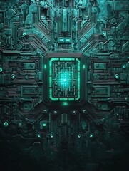 Fototapeta premium Glowing teal circuitry pulses subtly dark background intricate digital art. AI Generated
